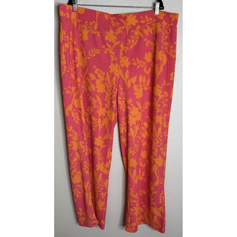 Isaac Mizrahi Women 2X Pants Pink Orange Floral Print Elastic Waist Straight Leg
